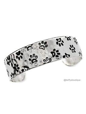 Hammered Metal Cuff Bracelet Paw Prints Engraved 14K Adjustable